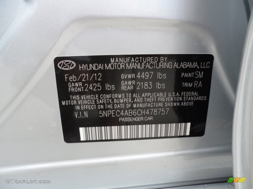 2012 Sonata Color Code SM for Radiant Silver Photo #62253829