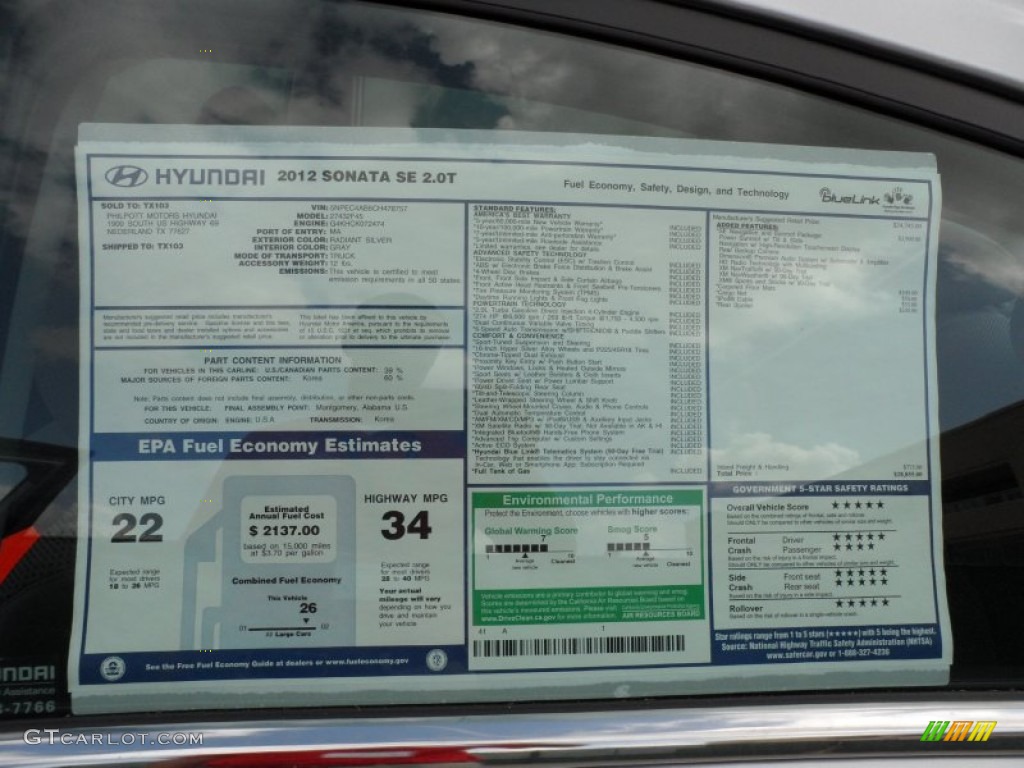 2012 Hyundai Sonata SE 2.0T Window Sticker Photo #62253838