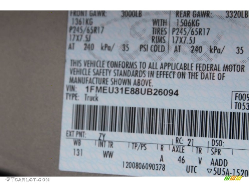 2008 Explorer Sport Trac Color Code ZY for Vapor Silver Metallic Photo #62264047