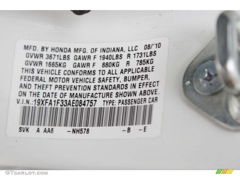 2010 Civic Color Code NH578 for Taffeta White Photo #62267245