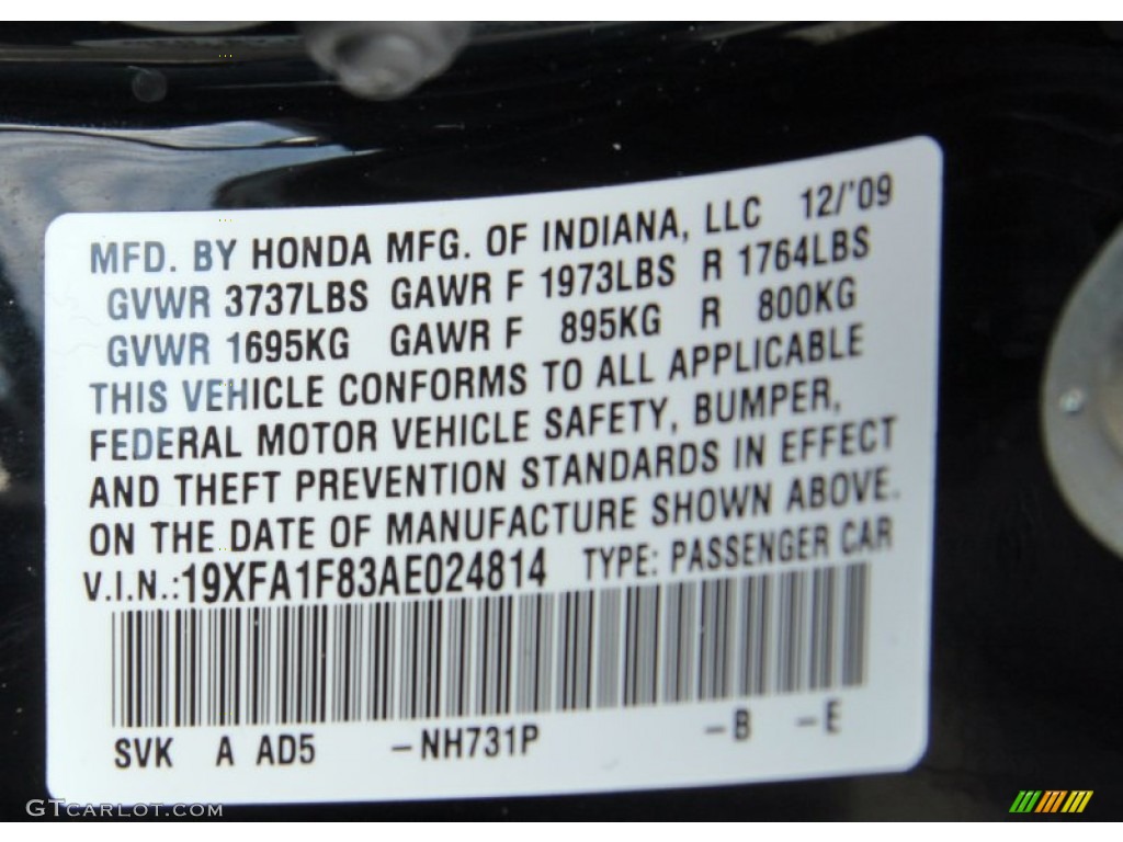 2010 Civic Color Code NH731P for Crystal Black Pearl Photo #62279332