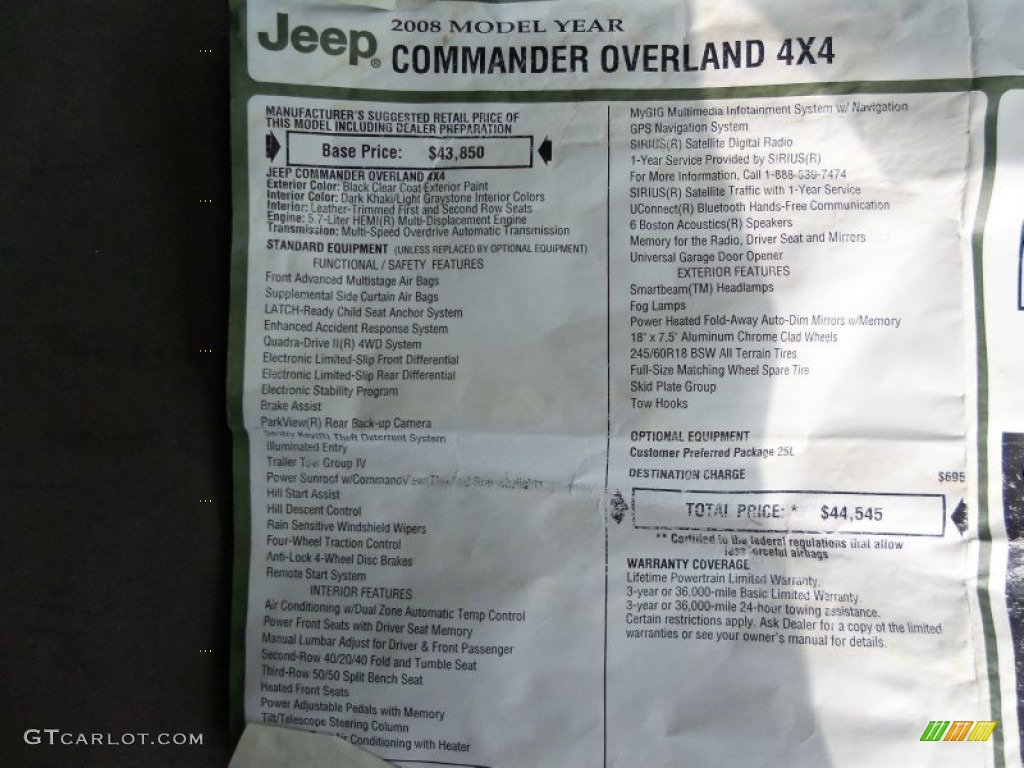 2008 Jeep Commander Overland 4x4 Window Sticker Photo #62282489