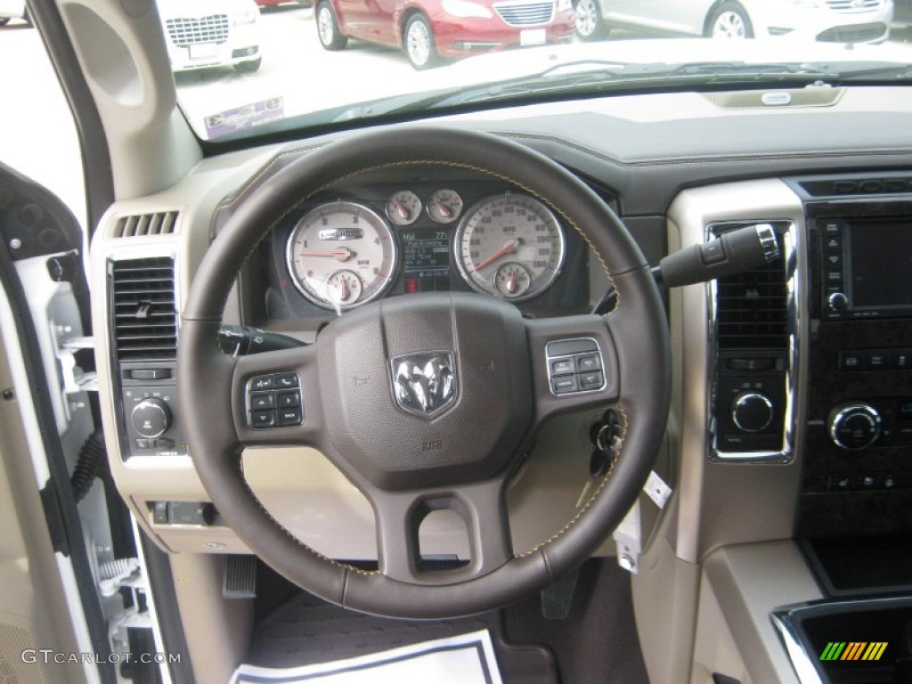 2012 Dodge Ram 2500 HD Laramie Longhorn Mega Cab 4x4 Light Pebble Beige/Bark Brown Steering Wheel Photo #62294006