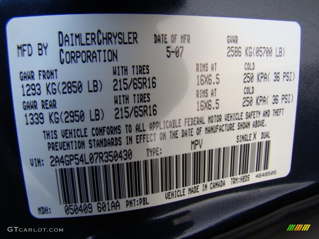 2007 Grand Caravan Color Code PBL for Modern Blue Pearl Photo #62304478