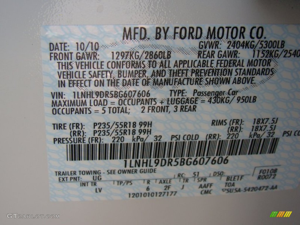 2011 MKS Color Code UG for White Platinum Metallic Tri-Coat Photo #62304836