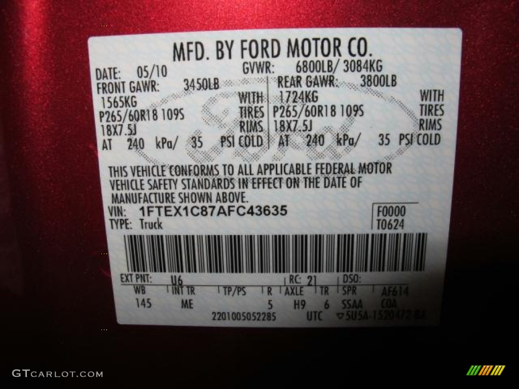 2010 F150 Color Code U6 for Red Candy Metallic Photo #62308766
