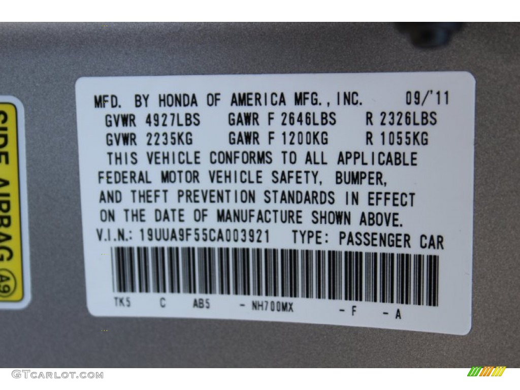 2012 Acura TL 3.7 SH-AWD Technology Color Code Photos