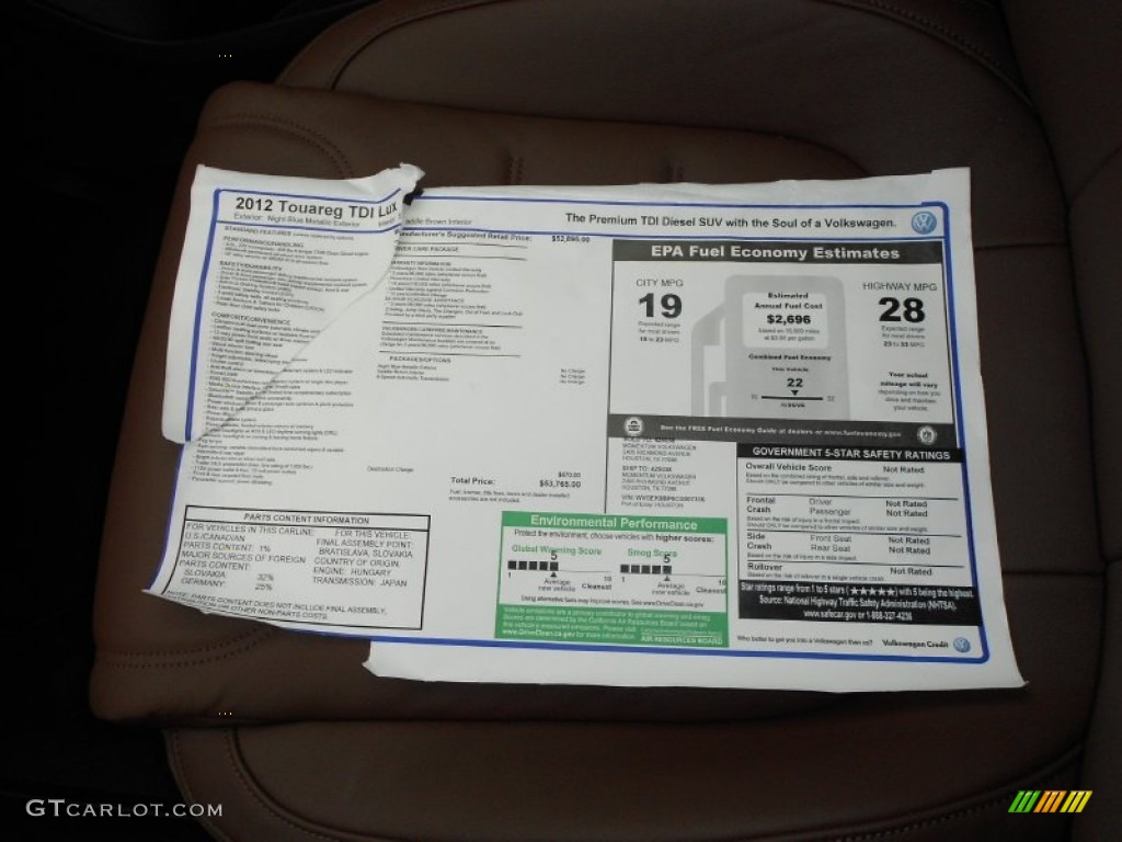 2012 Volkswagen Touareg TDI Lux 4XMotion Window Sticker Photo #62345129
