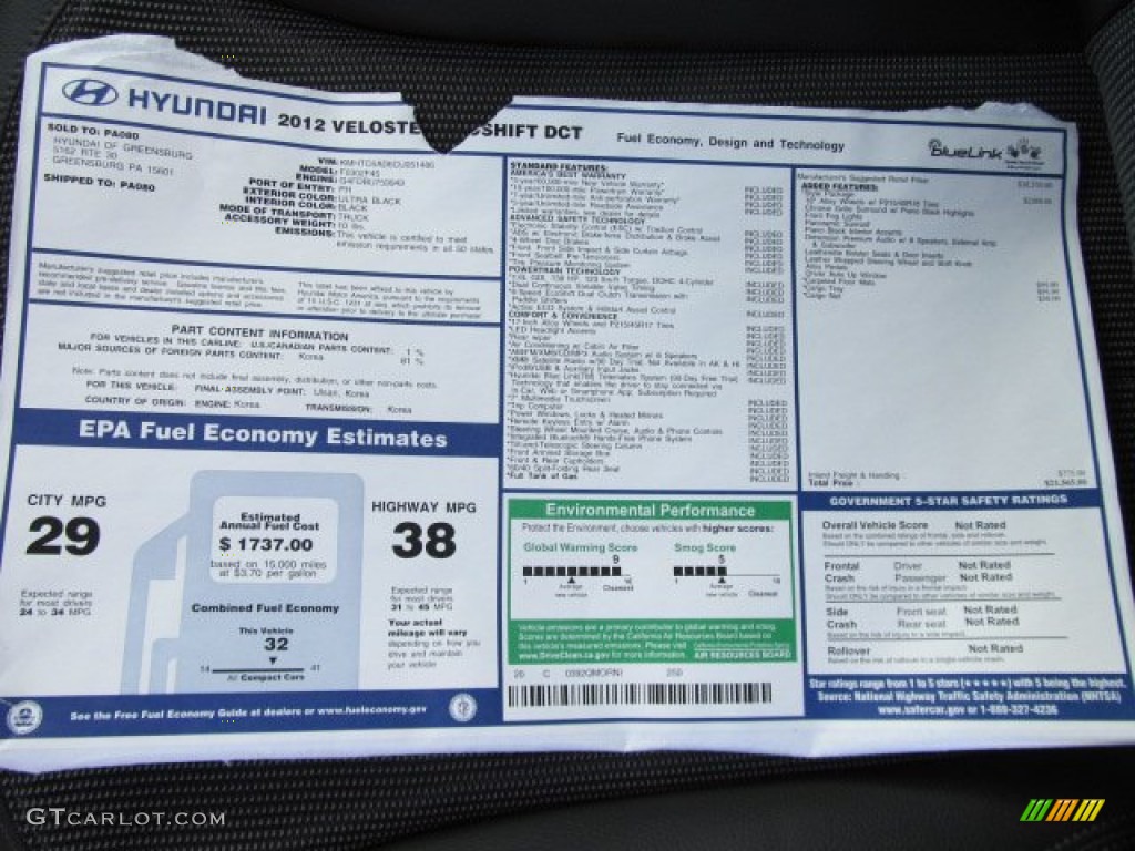 2012 Hyundai Veloster Standard Veloster Model Window Sticker Photo #62363529