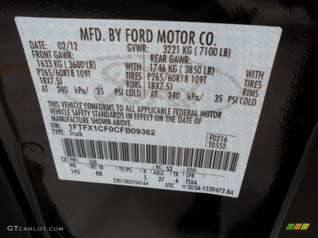 2012 F150 Color Code UH for Tuxedo Black Metallic Photo #62367705