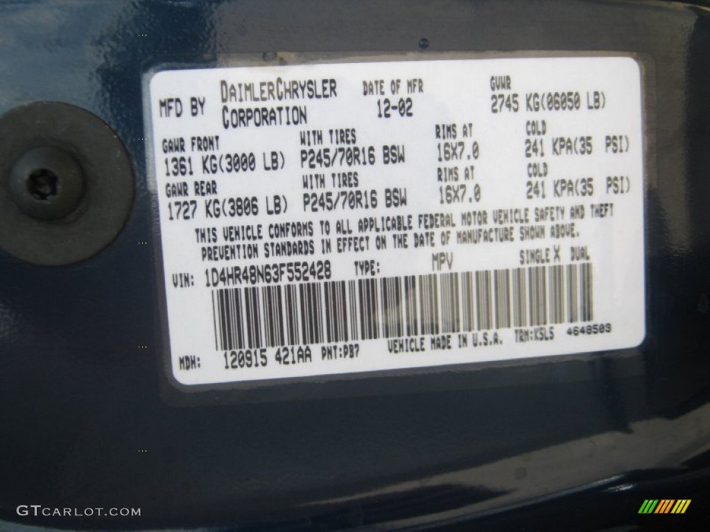 2003 Durango Color Code PB7 for Patriot Blue Pearlcoat Photo #62390445
