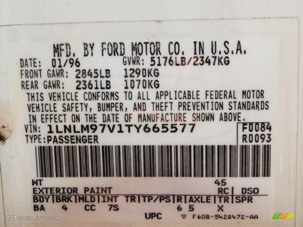 1996 Lincoln Continental Standard Continental Model Color Code Photos