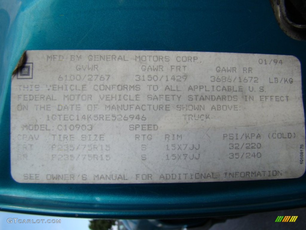1994 Sierra 1500 SLE Regular Cab - Bright Teal Metallic / Beige photo #19