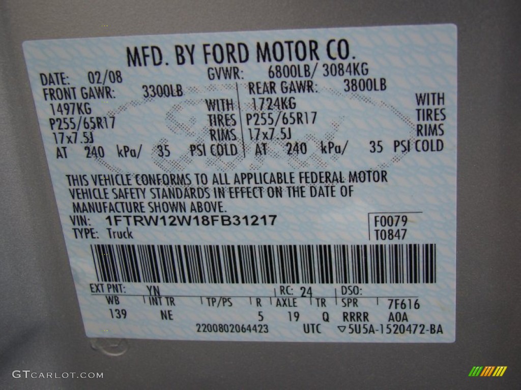 2008 F150 Color Code YN for Silver Metallic Photo #62405832