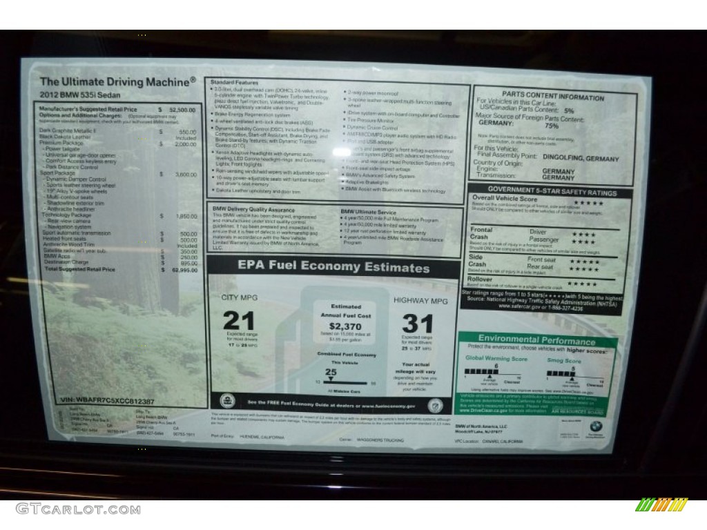 2012 BMW 5 Series 535i Sedan Window Sticker Photo #62412708