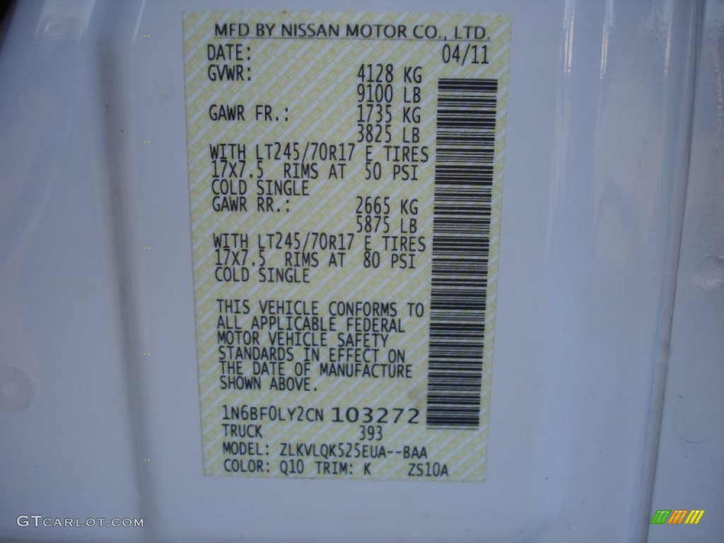 2012 Nissan NV 2500 HD S High Roof Color Code Photos