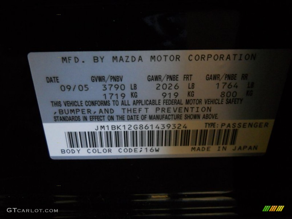 2006 MAZDA3 Color Code 16W for Black Mica Photo #62419311