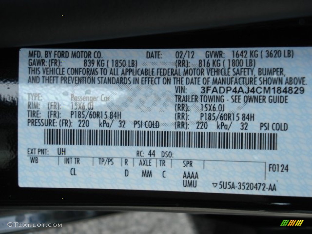 2012 Fiesta Color Code UH for Tuxedo Black Metallic Photo #62420124