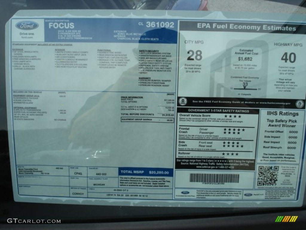 2012 Ford Focus SE SFE Sedan Window Sticker Photo #62420289