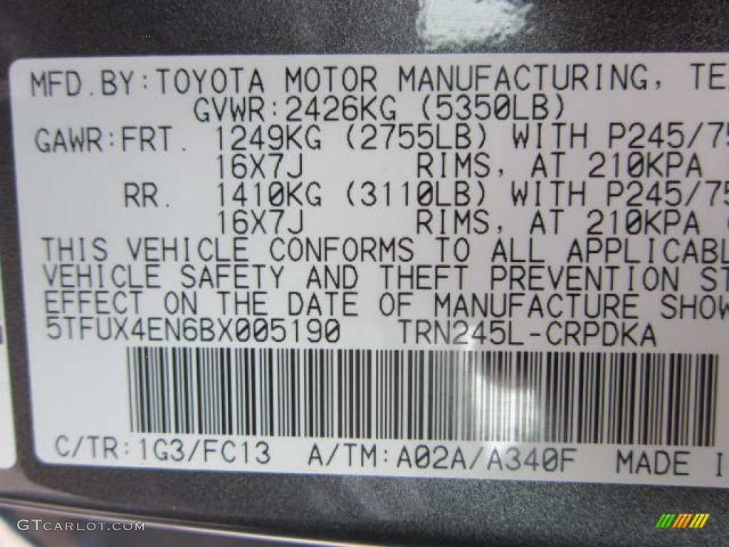 2011 Toyota Tacoma Access Cab 4x4 Color Code Photos