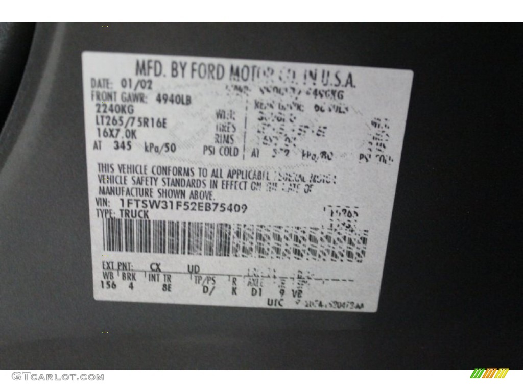 2002 F350 Super Duty Color Code CX for Dark Shadow Grey Metallic Photo #62431957