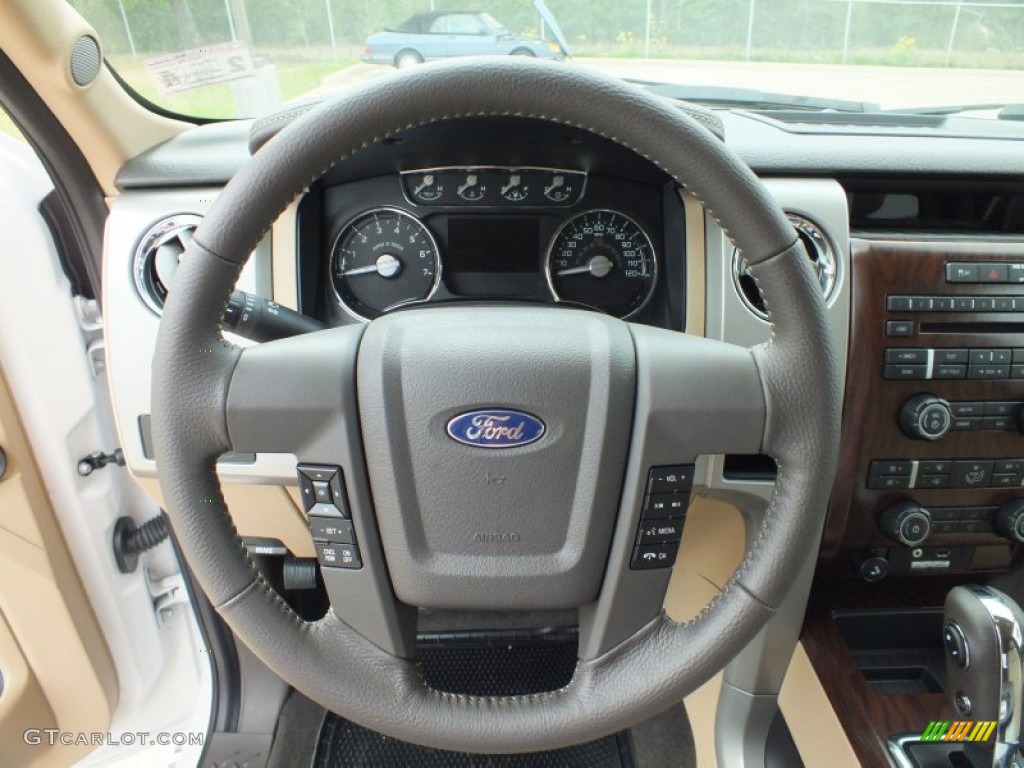 2012 Ford F150 Lariat SuperCrew 4x4 Pale Adobe Steering Wheel Photo #62437816