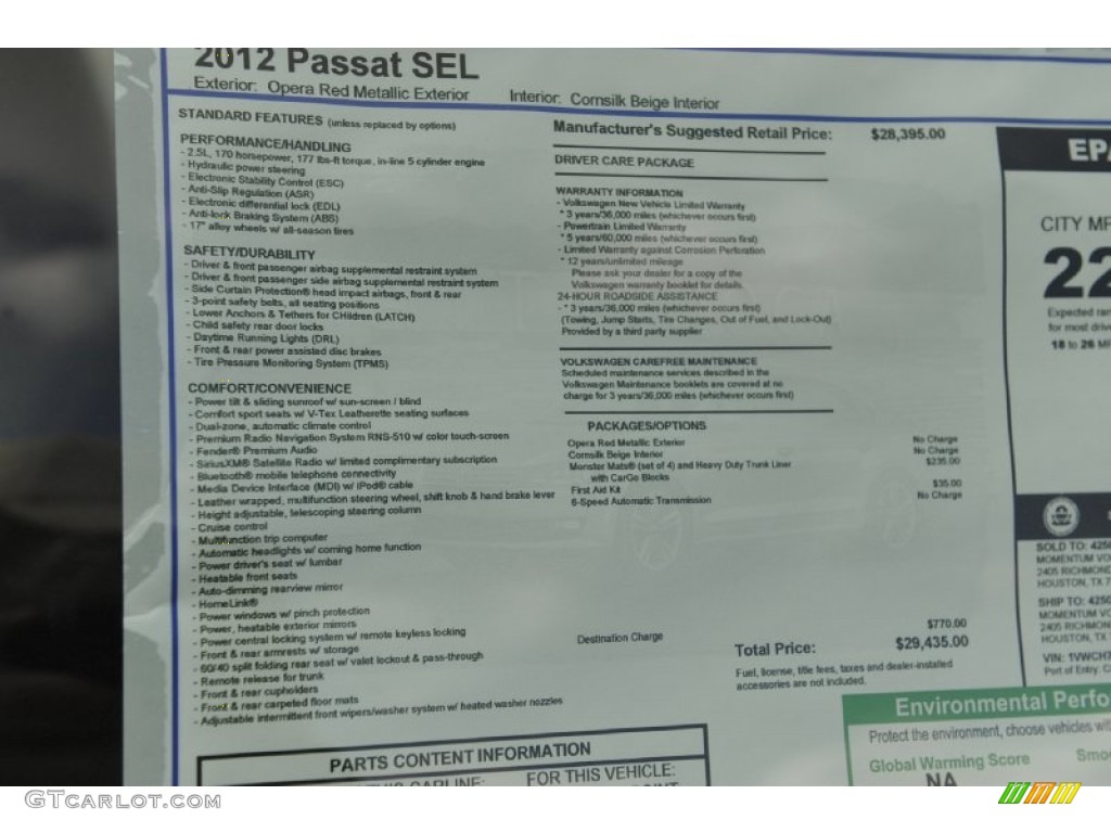2012 Volkswagen Passat 2.5L SEL Window Sticker Photo #62444134