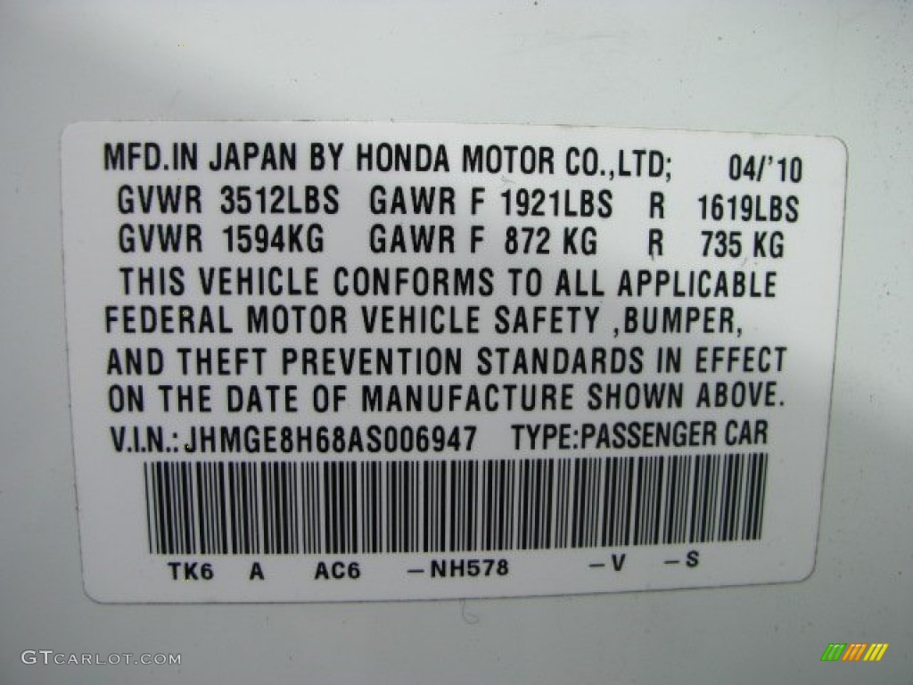2010 Fit Color Code NH578 for Taffeta White Photo #62449780