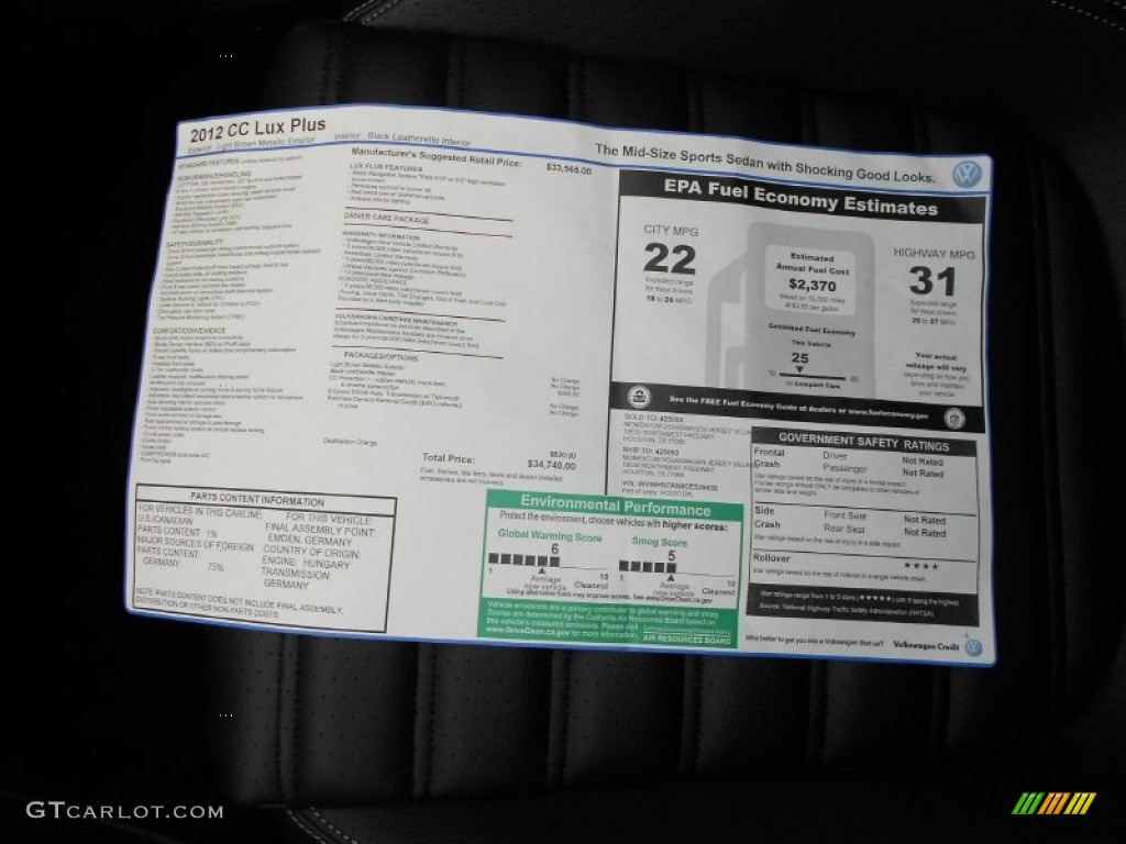 2012 Volkswagen CC Lux Plus Window Sticker Photo #62457166