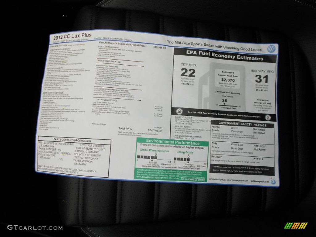 2012 Volkswagen CC Lux Plus Window Sticker Photos