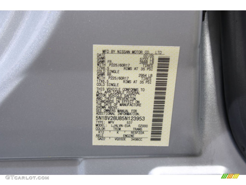 2005 Quest Color Code K12 for Silver Mist Metallic Photo #62459452