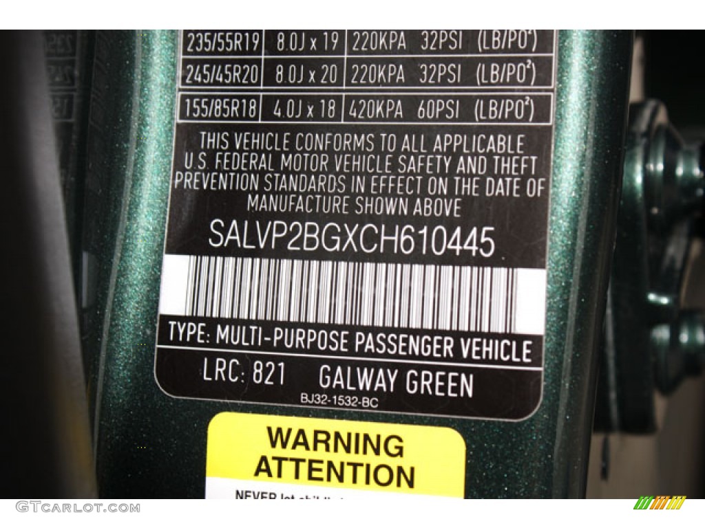 2012 Range Rover Evoque Color Code 821 for Galway Green Metallic Photo #62460706