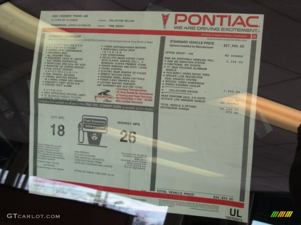 2002 Pontiac Firebird Trans Am WS-6 Coupe Window Sticker Photos