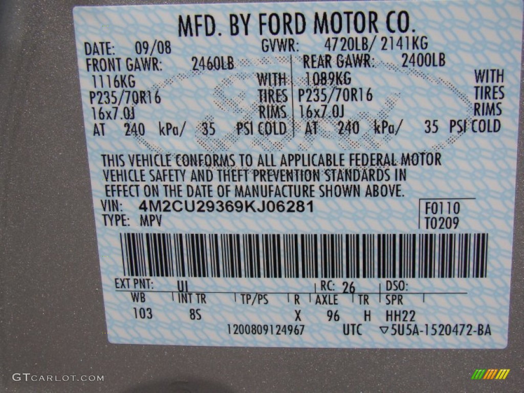 2009 Mariner Color Code UI for Brilliant Silver Metallic Photo #62476393