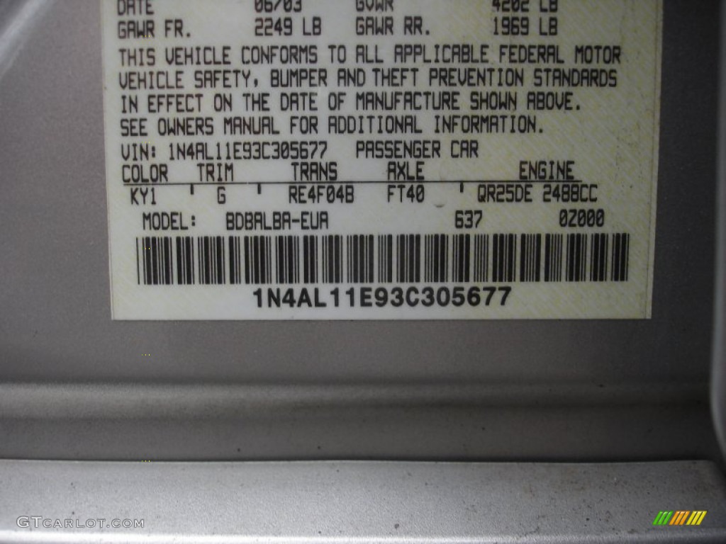 2003 Altima Color Code KY1 for Sheer Silver Metallic Photo #62476416
