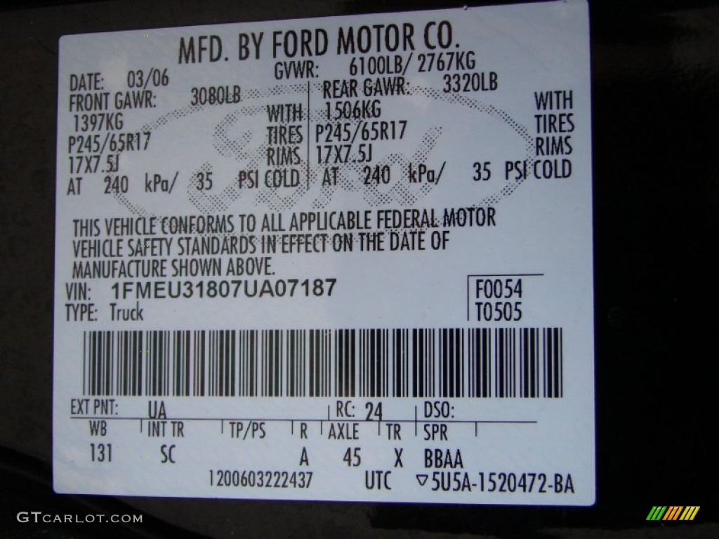2007 Explorer Sport Trac Color Code UA for Black Photo #62478847