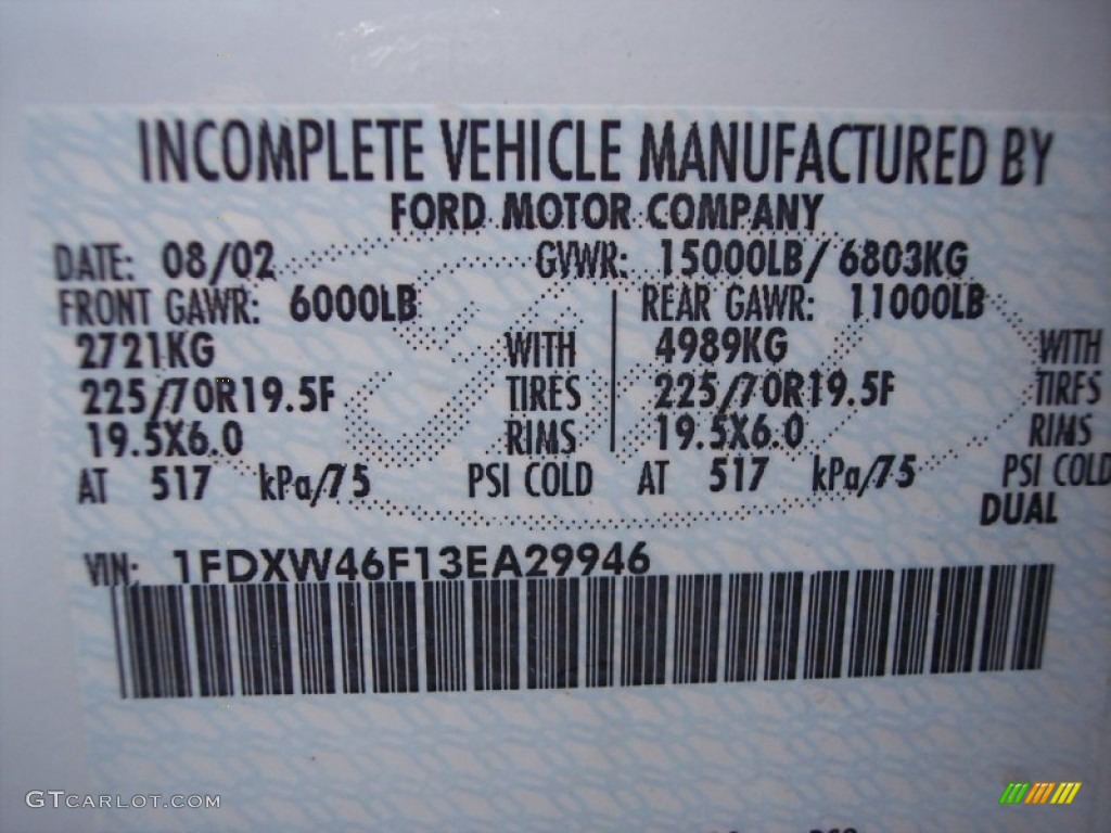 2003 Ford F450 Super Duty Lariat Crew Cab 5th Wheel Info Tag Photo #62481472