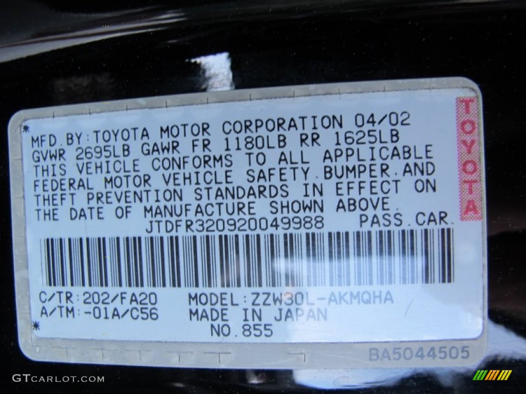 2002 MR2 Spyder Color Code 202 for Black Photo #62481955