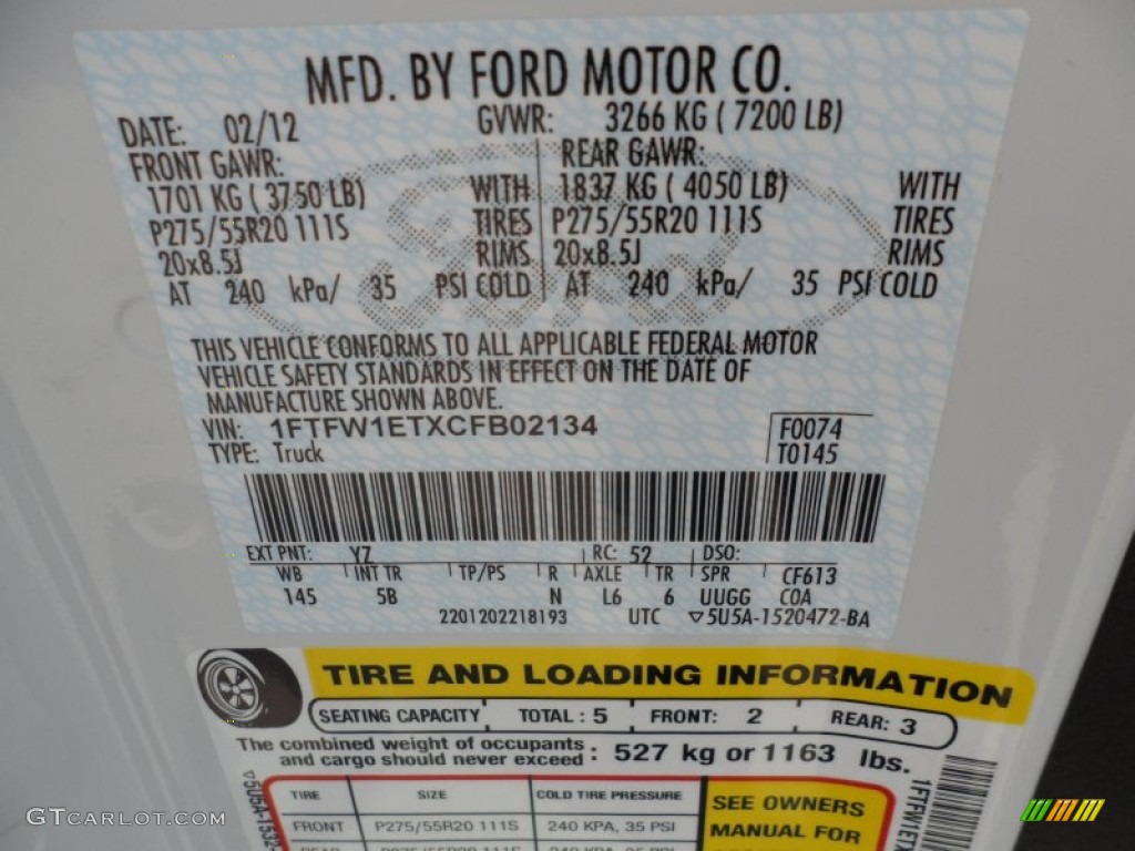 2012 F150 Color Code YZ for Oxford White Photo #62489953