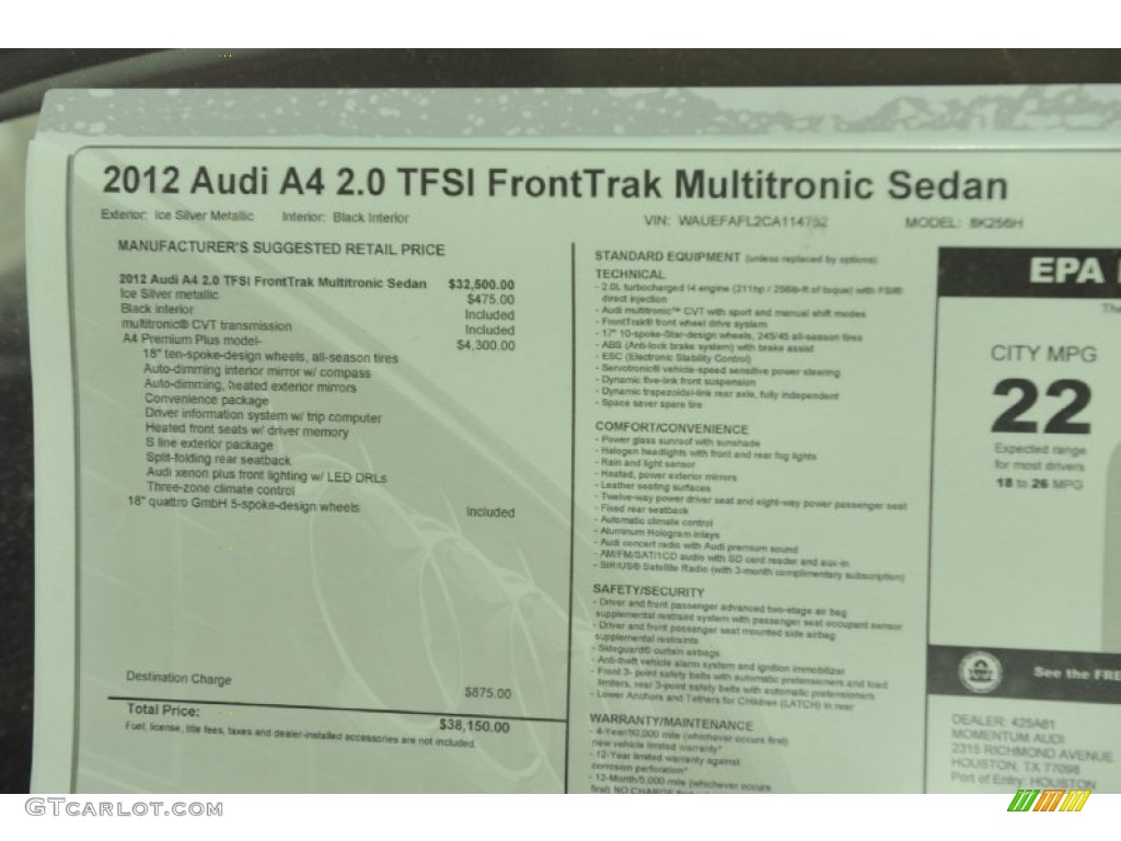 2012 Audi A4 2.0T Sedan Window Sticker Photos