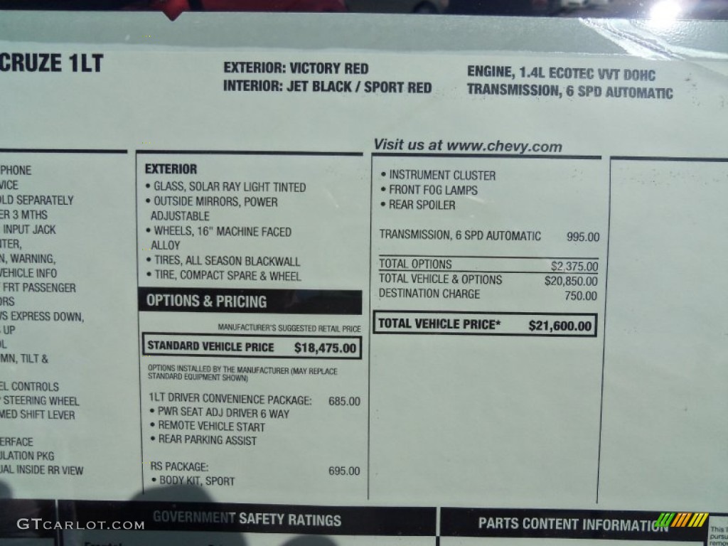 2012 Chevrolet Cruze LT/RS Window Sticker Photo #62513275