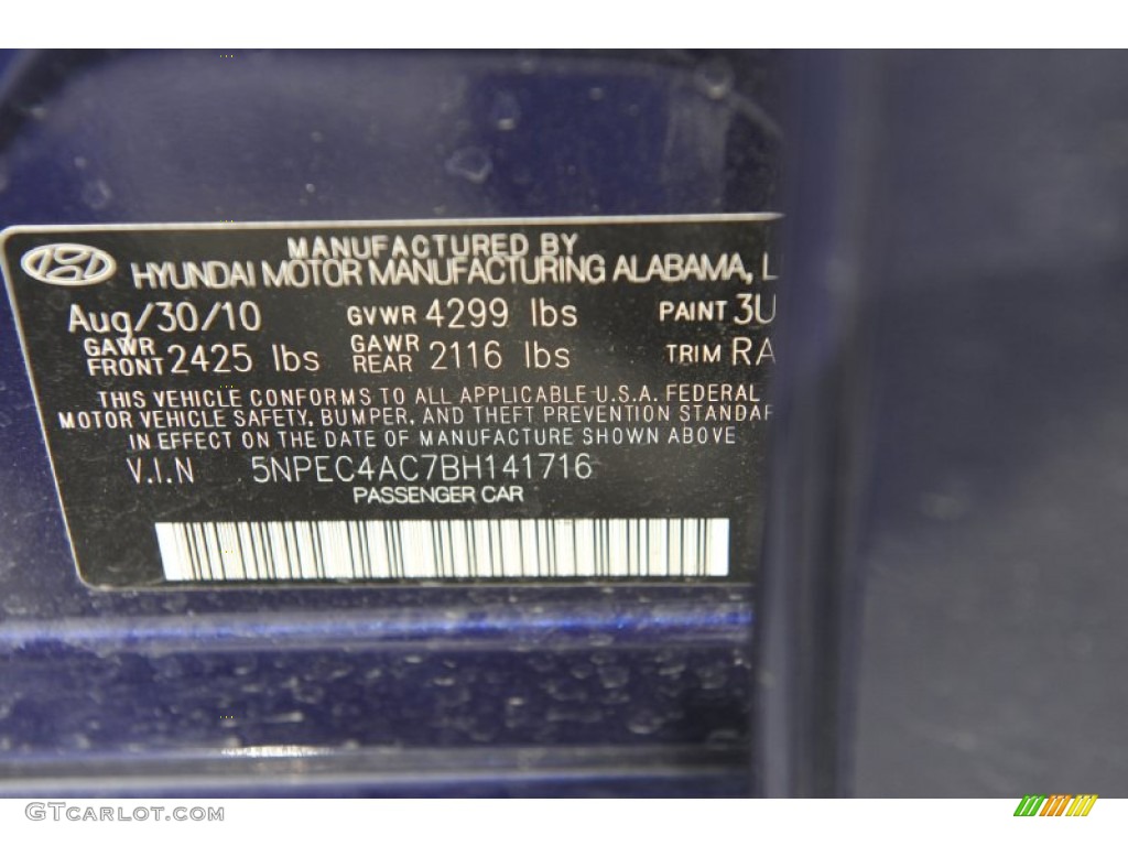 2011 Sonata Color Code 3U for Indigo Blue Pearl Photo #62519307