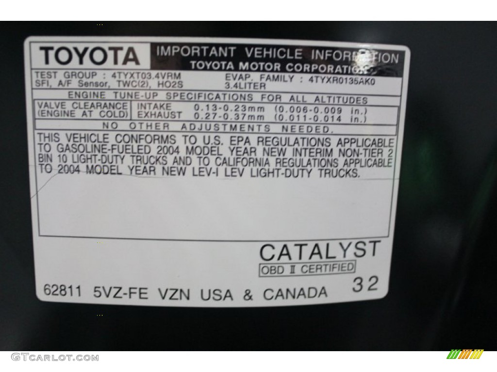 2004 Toyota Tacoma V6 Double Cab 4x4 Info Tag Photo #62524493