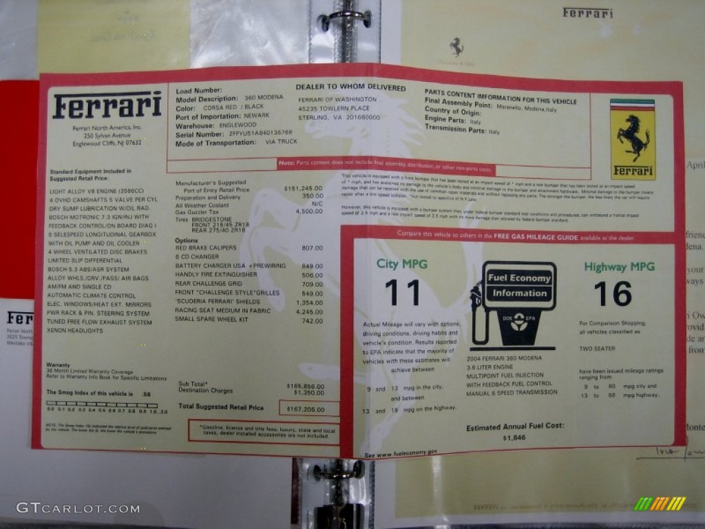 2004 Ferrari 360 Modena Window Sticker Photo #62527724