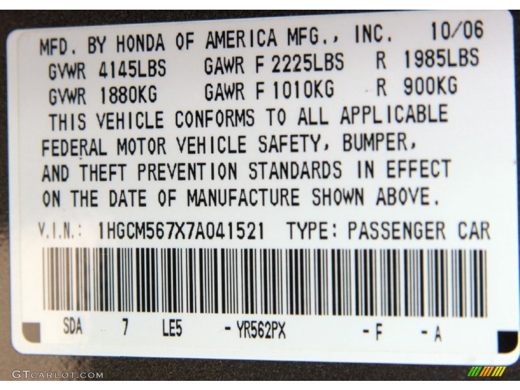 2007 Accord Color Code YR562PX for Carbon Bronze Pearl Photo #62534245