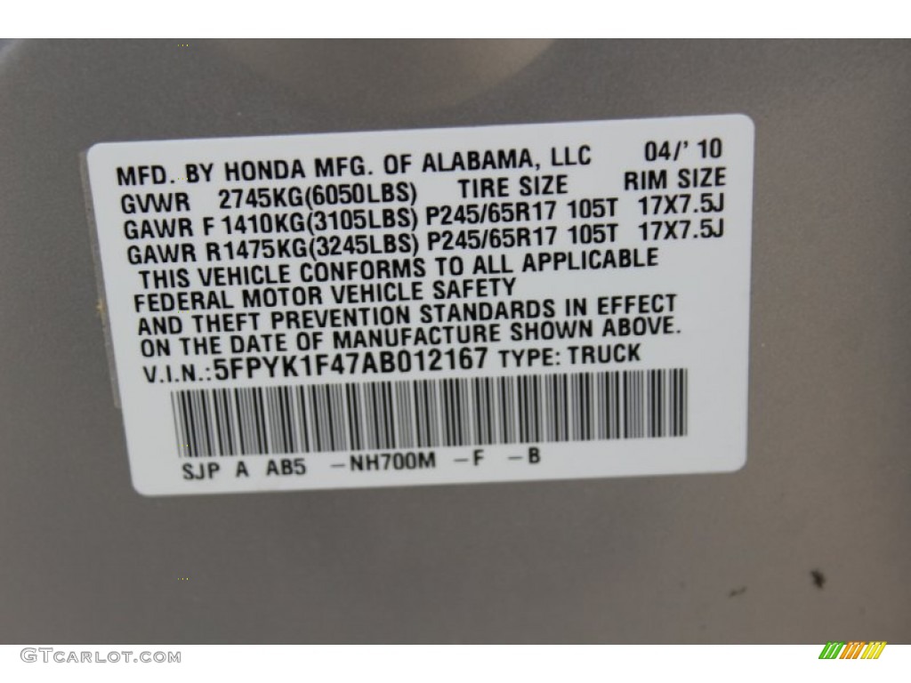 2010 Ridgeline Color Code NH700M for Alabaster Silver Metallic Photo #62538019