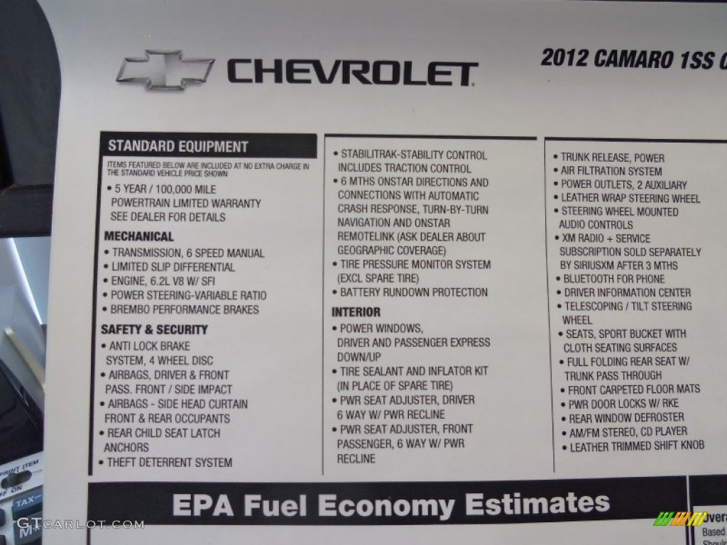 2012 Chevrolet Camaro SS Coupe Window Sticker Photo #62555425