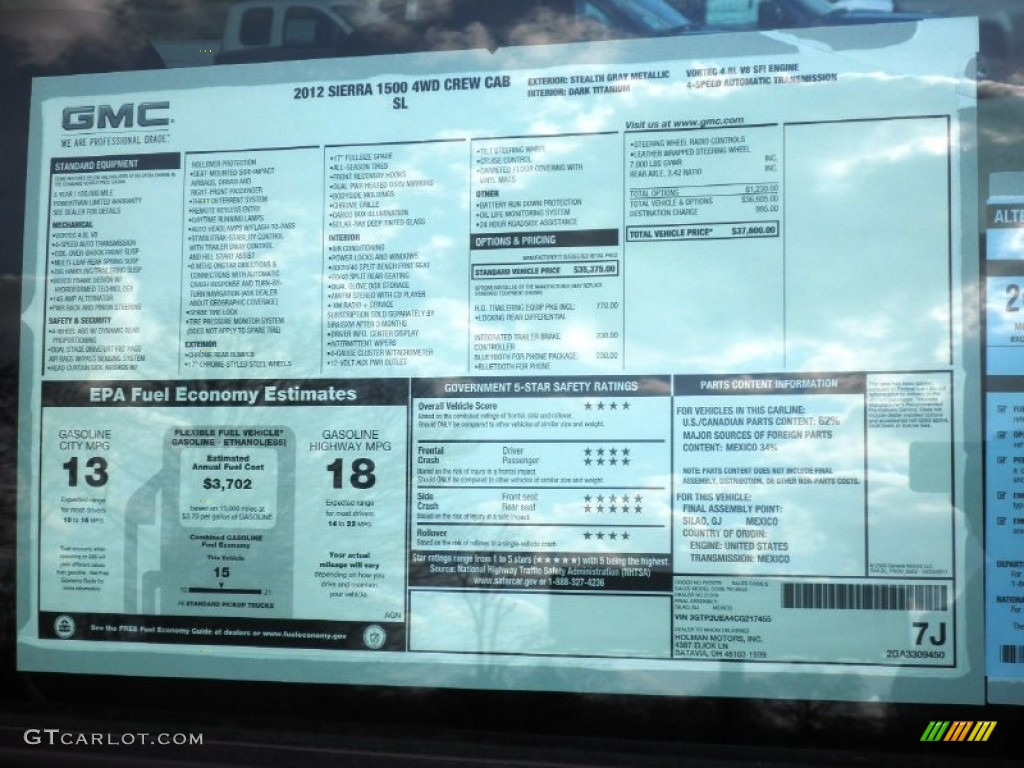 2012 GMC Sierra 1500 SL Crew Cab 4x4 Window Sticker Photo #62555908
