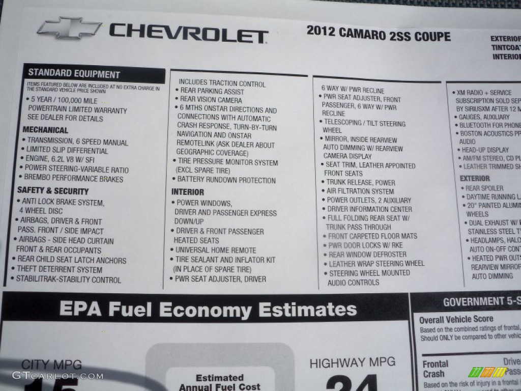 2012 Chevrolet Camaro SS/RS Coupe Window Sticker Photo #62556067
