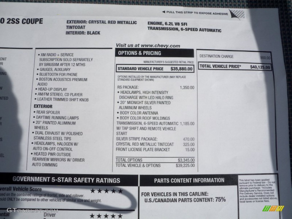 2012 Chevrolet Camaro SS/RS Coupe Window Sticker Photo #62556079